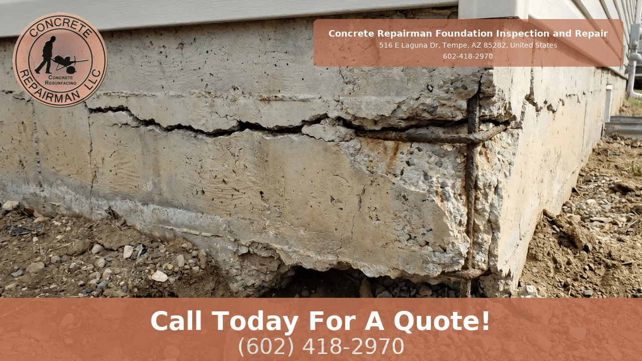 Stem wall damage inspection showing exposed rebar, horizontal cracking, and concrete spalling at a Phoenix residential property